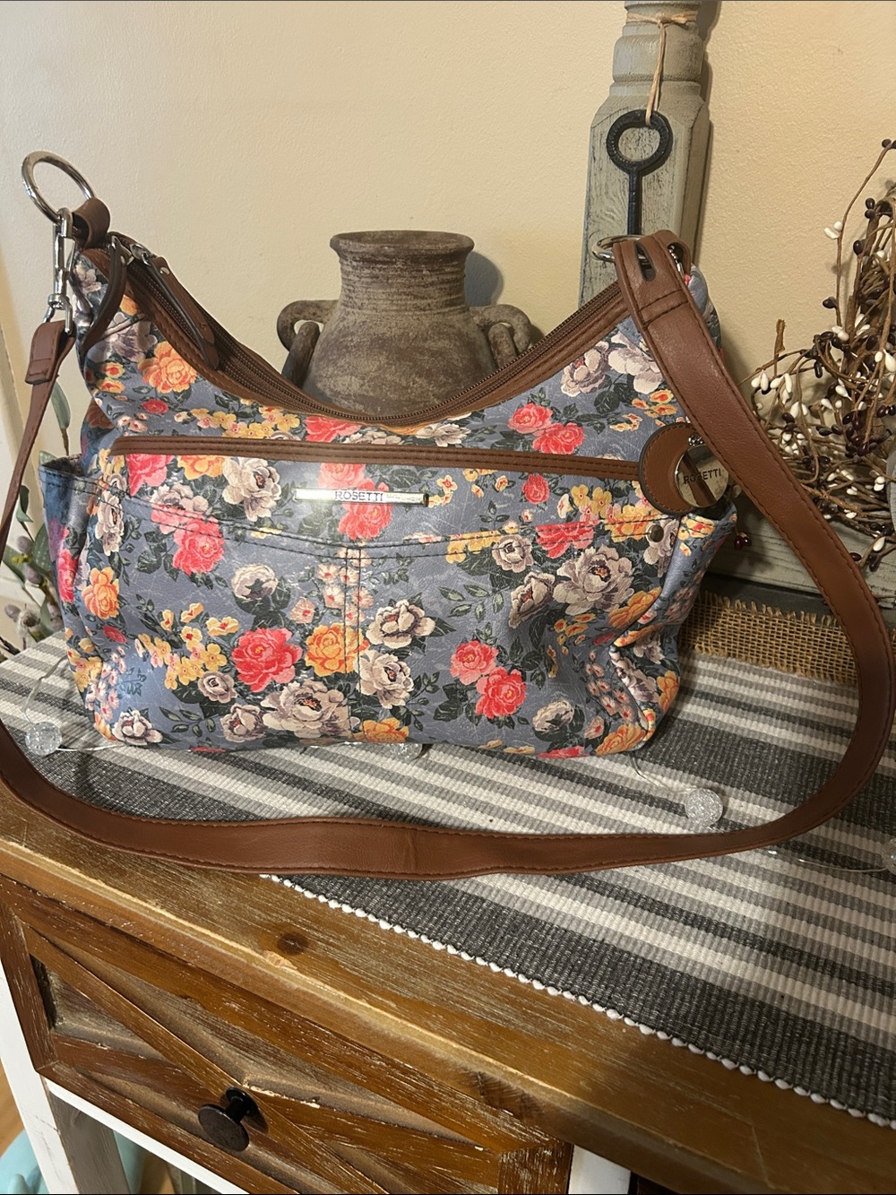 Rosetti Floral Shoulder Bag in Blue with Brown Trim and Multicolor Flowers